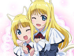Rule 34 | 2girls, ;d, animal ear fluff, animal ears, apron, blonde hair, blue dress, blue eyes, blush, cat ears, cat girl, cat tail, collared dress, commentary request, doily, dress, fang, fingernails, hands on another&#039;s shoulders, hands up, juliet sleeves, long hair, long sleeves, maid, maid apron, multiple girls, neck ribbon, one eye closed, open mouth, original, puffy sleeves, red ribbon, ribbon, smile, tail, tonbi, very long hair, white apron