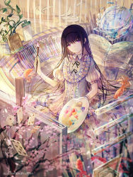 Rule 34 | 10s, 1girl, ace (playing card), ace of clubs, akemi homura, artist name, bad id, bad pixiv id, bai qi-qsr, black hair, black hairband, book, card, closed mouth, club (shape), dress, english text, fish, flying paper, frilled dress, frills, globe, goldfish, hairband, highres, holding, holding paintbrush, light smile, long hair, looking at viewer, mahou shoujo madoka magica, mahou shoujo madoka magica (anime), open book, paintbrush, palette (object), paper, plant, playing card, puffy short sleeves, puffy sleeves, purple eyes, revision, short sleeves, shrimp, solo, very long hair, vines, water drop, white dress