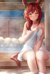 Rule 34 | 1girl, absurdres, alternate costume, animal ears, blurry, blurry background, breasts, brown eyes, commentary request, covering privates, covering breasts, highres, horse ears, horse girl, horse tail, looking at viewer, medium breasts, medium hair, miyama mizuki (hoshihoshi1220), naked towel, navel, nice nature (umamusume), night, onsen, red eyes, sitting, solo, steam, tail, towel, umamusume