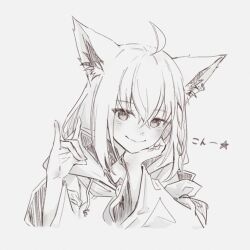 Rule 34 | ahoge, animal ear fluff, animal ears, braid, commentary, detached sleeves, drawstring, fox ears, fox shadow puppet, greyscale, hair between eyes, hand on own cheek, hand on own face, highres, hololive, hyde (tabakko), light blush, long hair, long sleeves, looking at viewer, monochrome, neckerchief, portrait, shirakami fubuki, shirakami fubuki (1st costume), simple background, sketch, slit pupils, smile, upper body, virtual youtuber, white background