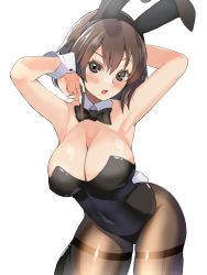 Rule 34 | 1girl, :o, alternate costume, animal ears, armpits, arms up, black leotard, blaze (blazeillust), blush, breasts, brown hair, brown pantyhose, cleavage, covered navel, fake animal ears, girls und panzer, grey eyes, highres, large breasts, leaning forward, leotard, looking at viewer, nishizumi maho, open mouth, pantyhose, playboy bunny, rabbit ears, rabbit tail, short hair, simple background, solo, tail, thighband pantyhose, white background, wrist cuffs