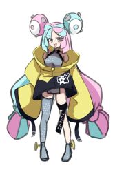 Rule 34 | 1girl, absurdres, bare shoulders, blue hair, blush, bow-shaped hair, breasts, character hair ornament, chawan (yultutari), creatures (company), dress, full body, game freak, gradient eyes, grey dress, hair ornament, highres, iono (pokemon), jacket, light blue hair, long hair, long sleeves, looking at viewer, low twintails, multicolored eyes, multicolored hair, nintendo, off shoulder, open mouth, pelvic curtain, pink hair, pokemon, pokemon sv, purple eyes, sharp teeth, short dress, sleeves past fingers, sleeves past wrists, small breasts, smile, solo, split-color hair, teeth, twintails, yellow eyes, yellow jacket