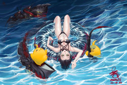 Rule 34 | &gt; &lt;, 1girl, absurdres, adapted costume, artillery, artist name, azur lane, bikini, black bikini, black hair, black nails, breasts, can, criss-cross halter, dated, from above, halterneck, highres, holding, holding can, horns, innertube, looking at viewer, looking up, lying, manjuu (azur lane), mechanical horns, multicolored hair, nail polish, non-humanoid robot, on back, red horns, robot, robot animal, short hair, signature, small breasts, solo, streaked hair, swim ring, swimsuit, thighs, turret, two-tone hair, ulrich von hutten (azur lane), vanmumi, water, white hair, yellow eyes