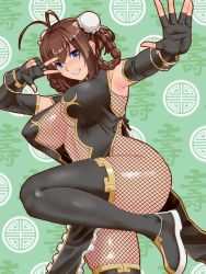 Rule 34 | 1girl, armpits, bare shoulders, black gloves, blue eyes, bodysuit, braid, breasts, brown hair, china dress, chinese clothes, cleavage, clenched teeth, commentary, cowboy shot, cowlick, curvy, detached sleeves, double bun, dress, elbow gloves, fingerless gloves, fishnet bodysuit, fishnet thighhighs, fishnets, frills, gloves, gold trim, green background, hair between eyes, hair bun, hair ornament, highres, knee up, large breasts, leg up, looking at viewer, navel, no bra, open mouth, original, plump, shiny skin, short sleeves, side-tie dress, sideboob, solo, standing, standing on one leg, switch01, teeth, thighhighs, thighs, v