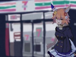 Rule 34 | + +, 1girl, 7-eleven, animal ears, arms behind back, bag, black coat, blurry, blurry background, blush, breasts, breath, buttons, clover hair ornament, coat, convenience store, cowboy shot, daruma doll, double-breasted, hair between eyes, hair ornament, highres, holding, holding bag, horse ears, long sleeves, looking at viewer, matikanefukukitaru (umamusume), open mouth, orange hair, outdoors, plastic bag, purple skirt, scarf, shop, short hair, skirt, small breasts, smile, solo, sudzume, umamusume, yellow eyes