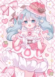 Rule 34 | 1girl, :d, absurdres, artist name, black bow, blue eyes, blue hair, blush, bow, center frills, commentary, cowboy shot, diamond (shape), dress, earrings, english commentary, flower, flower earrings, food, frilled shirt, frills, fruit, hair between eyes, hair bow, hatsune miku, heart, heart hands, highres, jewelry, legs together, looking at viewer, mixed-language commentary, open mouth, pink bow, pink dress, pink headwear, raised eyebrows, shirt, short dress, sidelocks, smile, solo, straight-on, strawberry, twintails, vocaloid, white flower, white shirt, yukomeow