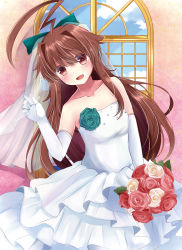 Rule 34 | 10s, 1girl, ahoge, alternate costume, bad id, bad pixiv id, bare shoulders, blue sky, blush, bouquet, bridal veil, bride, brown eyes, brown hair, cloud, collarbone, commentary request, day, dress, elbow gloves, flower, frills, gloves, green flower, green ribbon, green rose, hair ornament, hair ribbon, highres, holding, holding bouquet, kantai collection, kuma (kancolle), long hair, looking at viewer, masayo (gin no ame), md5 mismatch, open mouth, red flower, red rose, ribbon, rose, sky, solo, veil, wedding dress, white dress, white flower, white gloves, white rose, window