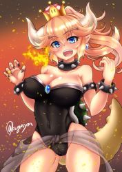 Rule 34 | 1girl, :d, armlet, bare shoulders, blonde hair, blue eyes, bowsette, bracelet, breasts, breath weapon, breathing fire, cleavage, covered erect nipples, crown, fire, gradient background, highres, horns, jewelry, kuga zankurou, large breasts, leotard, long hair, looking at viewer, mario (series), new super mario bros. u deluxe, nintendo, open mouth, orange background, pointy ears, smile, solo, spiked armlet, spiked bracelet, spikes, super crown