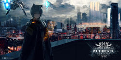 Rule 34 | 1girl, aircraft, animal ears, backlighting, building, cape, cat ears, city, city lights, cityscape, cloud, cloudy sky, copyright name, dark, heads-up display, highres, inabi, long hair, looking at viewer, original, rooftop, scenery, science fiction, sky, skyscraper, solo, spacecraft