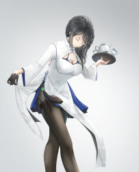 Rule 34 | 1girl, black hair, bowing, breasts, china dress, chinese clothes, cleavage, cleavage cutout, closed eyes, clothing cutout, dress, gloves, gradient background, half gloves, highres, kikivi, large breasts, long hair, original, side slit, single glove, solo, standing, teapot, thigh strap, tray