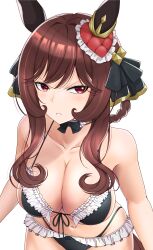 Rule 34 | 1girl, absurdres, alternate costume, animal ears, bare shoulders, bikini, black bikini, black bow, black bowtie, blush, bow, bowtie, braided hair rings, breasts, brown hair, cleavage, commentary request, cowboy shot, detached collar, ear covers, ear ornament, frilled bikini, frills, front-tie bikini top, front-tie top, gentildonna (umamusume), hair between eyes, hair ornament, highres, horse ears, horse girl, horse tail, large breasts, navel, oryou gunsou, parted lips, red eyes, simple background, solo, stomach, swimsuit, tail, umamusume, white background