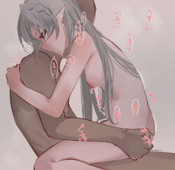 Rule 34 | 1boy, 1girl, ao oni (onioni-aoi), arknights, ass grab, blush, braid, breasts, completely nude, crown braid, from side, girl on top, grey background, grey hair, hetero, highres, long hair, motion lines, nipples, nude, open mouth, pointy ears, profile, red eyes, sex, simple background, small breasts, very long hair, warfarin (arknights)