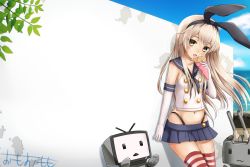 Rule 34 | alternate eye color, bad id, bad pixiv id, black panties, crepe, day, eating, food, food on face, highres, kantai collection, miniskirt, omoomomo, panties, rensouhou-chan, shimakaze (kancolle), signature, skirt, solo, striped clothes, striped thighhighs, thighhighs, underwear