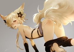 Rule 34 | 1boy, all fours, androgynous, animal ears, apt, ass, backless outfit, bare shoulders, blonde hair, blush, brown eyes, clothes pull, flower, fox ears, fox tail, granblue fantasy, hair flower, hair ornament, hair over one eye, highres, kou (granblue fantasy), looking at viewer, male focus, no panties, pants, pants pull, parted lips, short hair, slap mark, solo, tail
