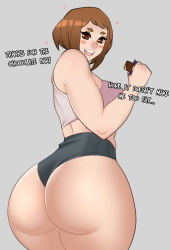 Rule 34 | 1girl, ass, bare shoulders, blush, boku no hero academia, brown eyes, brown hair, chocolate, english text, foxicube, grey background, heart, highres, huge ass, looking at viewer, open mouth, short hair, solo, thick thighs, thighs, uraraka ochako, wide hips