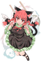 Rule 34 | 1girl, :3, :d, animal ear fluff, animal ears, black bow, black dress, black footwear, bow, braid, breasts, cat ears, cat tail, chups, claw pose, commentary request, dress, extra ears, fang, fingernails, floral print, footwear bow, frills, full body, hair bow, hitodama, kaenbyou rin, light blush, long fingernails, long hair, looking at viewer, medium breasts, multiple tails, nail polish, nekomata, open mouth, red eyes, red hair, red nails, red neckwear, red ribbon, ribbon, sharp fingernails, shoes, skull, sleeves past elbows, smile, solo, tail, touhou, twin braids, twintails, two tails, v-shaped eyebrows, wheelbarrow