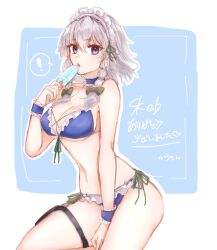Rule 34 | !, 1girl, :o, bare shoulders, bikini, blue bikini, blue eyes, bow, braid, breasts, choker, cleavage, commentary request, commission, eating, food, frilled bikini, frills, front-tie bikini top, front-tie top, gensou@kauchin, green bow, grey hair, highres, holding, holding food, izayoi sakuya, looking at viewer, maid, maid bikini, maid headdress, medium breasts, medium hair, navel, popsicle, side-tie bikini bottom, skeb commission, solo, spoken exclamation mark, stomach, swimsuit, thigh strap, thighs, touhou, translation request, twin braids, unconventional maid, wrist cuffs