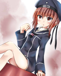 Rule 34 | 10s, 1girl, brown eyes, brown hair, character name, dress, dutch angle, hat, kantai collection, looking at viewer, parted lips, sailor dress, sailor hat, sanari (quarter iceshop), short hair, sitting, solo, z3 max schultz (kancolle)