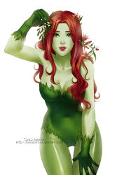 Rule 34 | alexiela, artist name, batman (series), breasts, cleavage, collarbone, commentary, crotch, dc comics, eyes visible through hair, flower, gloves, green eyes, green leotard, green pantyhose, holding, holding mistletoe, large breasts, leaf, leaning forward, leotard, lips, long hair, looking at viewer, mistletoe, narrow waist, navel, pantyhose, parted lips, plant, poison ivy, red hair, seductive smile, shiny clothes, shiny legwear, simple background, smile, solo, strapless, strapless leotard, teeth, thigh gap, thighs, vines, watermark, web address, wide hips