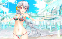 Rule 34 | 1girl, :d, aqua theme, architecture, armpits, bare shoulders, beach, bikini, blue sky, blush, breasts, cleavage, cloud, collarbone, commentary request, day, eyebrows, flower, girlfriend (kari), grey hair, groin, hair flower, hair ornament, highres, holding, jewelry, long hair, masa (mirage77), medium breasts, multicolored bikini, multicolored clothes, navel, necklace, ocean, open mouth, outdoors, ponytail, red eyes, shawl, shigeto akiho, sky, smile, solo, sparkle, standing, sunflower, swimsuit, wallpaper, yellow flower