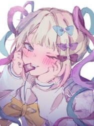 Rule 34 | 1girl, blonde hair, blue bow, blue eyes, blue hair, blue shirt, blush, bow, chouzetsusaikawa tenshi-chan, hair bow, highres, long hair, long sleeves, looking at viewer, lsd, mouth hold, multicolored hair, needy girl overdose, one eye closed, open mouth, pink bow, pink hair, purple bow, quad tails, sailor collar, school uniform, serafuku, shirt, simple background, solo, twintails, very long hair, white background, wumingshi69532, yellow bow