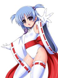 Rule 34 | 1girl, blue hair, commentary request, contrapposto, cowboy shot, detached sleeves, foreshortening, gloves, leotard, magatama, nontraditional miko, original, outstretched arms, purple eyes, ribbon-trimmed sleeves, ribbon trim, short hair, simple background, solo, thighhighs, two side up, white background, white gloves, white leotard, white thighhighs, yaeba