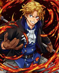 Rule 34 | 1boy, absurdres, ascot, black jacket, blonde hair, blue eyes, blue shirt, brown gloves, commentary, english commentary, fire, gloves, grey ascot, highres, holding, holding weapon, jacket, kerana art, lead pipe, male focus, one piece, sabo (one piece), scar, scar across eye, scar on face, shirt, short hair, smile, solo, teeth, v-shaped eyebrows, weapon