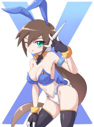 Rule 34 | 1girl, absurdres, aile (mega man zx), animal ears, bare shoulders, black thighhighs, blue bra, blush, bra, breasts, brown hair, cleavage, green eyes, highleg, highleg panties, highres, large breasts, leotard, long hair, looking at viewer, mega man (series), mega man zx, mega man zx advent, one eye closed, panties, playboy bunny, ponytail, rabbit ears, rabbit tail, revealing clothes, solo, tail, thighhighs, tongue, tongue out, underwear, white panties, zerokun135