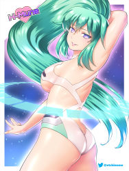 Rule 34 | 1girl, ass, bare shoulders, blush, breasts, butt crack, choujigen game neptune, etchimune, from behind, green hair, green heart (neptunia), hair between eyes, large breasts, leotard, long hair, looking at viewer, neptune (series), parted lips, ponytail, purple eyes, shiny clothes, shiny skin, sideboob, smile, solo, twitter logo, underboob, very long hair