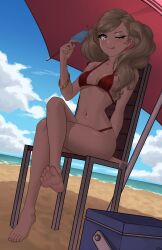 Rule 34 | 1girl, ;p, absurdres, barefoot, beach, beach umbrella, bikini, blonde hair, blue eyes, blue sky, breasts, cloud, cooler, day, earrings, food, full body, hair ornament, hairclip, hand up, highres, holding, holding food, holding popsicle, jewelry, looking at viewer, medium breasts, navel, ocean, one eye closed, outdoors, pearl earrings, persona, persona 5, popsicle, red bikini, sitting, sky, solo, stomach, swimsuit, takamaki anne, tongue, tongue out, twintails, umbrella, wavy hair, x xith x