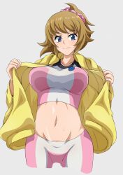 Rule 34 | 1girl, bike shorts, blue eyes, blush, breasts, brown hair, clothes lift, gundam, gundam build fighters, gundam build fighters try, highres, hoshino fumina, jacket, large breasts, lifting own clothes, looking at viewer, midriff, navel, open clothes, ponytail, safety kaijo, smile, solo, sports bra, sports bra lift, two-tone sports bra