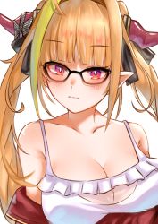 Rule 34 | 1girl, bare shoulders, bespectacled, black-framed eyewear, black ribbon, blonde hair, blunt bangs, blush, bow, breasts, bright pupils, camisole, cleavage, closed mouth, collarbone, commentary request, diagonal-striped bow, dragon girl, dragon horns, expressionless, frilled camisole, frills, glasses, gradient eyes, hair ribbon, highres, hololive, horn bow, horn ornament, horns, jacket, kiryu coco, kiryu coco (loungewear), large breasts, long hair, looking at viewer, multicolored eyes, multicolored hair, off shoulder, official alternate costume, open clothes, open jacket, orange hair, pointy ears, purple eyes, red eyes, red jacket, ribbon, see-through, sidelocks, simple background, solo, spaghetti strap, streaked hair, striped, striped bow, track jacket, twintails, upper body, virtual youtuber, white background, white camisole, white pupils, yamada (iroha97151188)