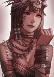 Rule 34 | 1girl, armband, bad id, bad pixiv id, bone, breasts, choker, cleavage, collarbone, eyelashes, facial mark, fur, fur trim, grey hair, hair ornament, headgear, horns, jewelry, lips, looking away, looking to the side, necklace, original, red eyes, rope, sepia, skull, sleeveless, solo, tassel, tooth, tooth necklace, tribal, upper body, wrist cuffs, zakusi