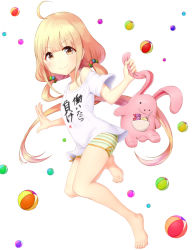 Rule 34 | &gt;:), 1girl, ahoge, ball, bare legs, barefoot, blonde hair, blush, brown eyes, candy, candy wrapper, closed mouth, clothes writing, commentary request, food, full body, futaba anzu, green shorts, hair ornament, highres, holding, holding stuffed toy, idolmaster, idolmaster cinderella girls, lollipop, long hair, low twintails, shirt, short shorts, short sleeves, shorts, sidelocks, simple background, smile, solo, striped clothes, striped shorts, stuffed animal, stuffed rabbit, stuffed toy, swirl lollipop, taka (takahirokun), twintails, v-shaped eyebrows, very long hair, white background, white shirt, you work you lose