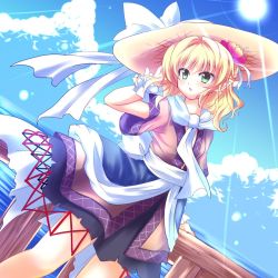 Rule 34 | 1girl, bad id, bad pixiv id, blonde hair, blue sky, brown dress, cloud, day, dress, female focus, flower, fuepo, green eyes, hair flower, hair ornament, hand in own hair, hat, light rays, mizuhashi parsee, open mouth, scarf, sky, solo, sun hat, sunbeam, sunlight, touhou