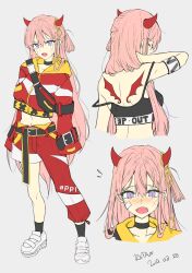 Rule 34 | 1girl, bad id, bad pixiv id, bandages, black bra, blush, bra, breasts, concept art, dated, demon horns, fang, h shai, highres, horns, jacket, long hair, medium breasts, open mouth, original, pink hair, purple eyes, shoes, simple background, sneakers, solo, stomach, underwear, v-shaped eyebrows, white background, white footwear