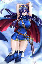 Rule 34 | 1girl, absurdres, alternate breast size, armband, arms up, artist name, bare arms, belt, blue background, blue cape, blue eyes, blue footwear, blue hair, blue shirt, blue tunic, blush, boots, breasts, cape, circlet, closed mouth, dutch angle, falchion (fire emblem), female focus, fire emblem, fire emblem awakening, hair between eyes, happy, highres, knee boots, knees together feet apart, large breasts, legs, long hair, long sleeves, looking at viewer, lucina (fire emblem), matching hair/eyes, nintendo, pants, patreon logo, patreon username, red lining, sheath, sheathed, shirt, signature, smile, solo, standing, sword, thigh gap, vilde loh hocen, watermark, weapon, web address, wrist cuffs