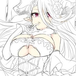 Rule 34 | 10s, 1girl, breasts, draph, female focus, flower, gloves, granblue fantasy, hair between eyes, hair flower, hair ornament, horns, izmir, large breasts, long hair, mole, mole under mouth, partially colored, pink eyes, pointy ears, red eyes, shindoi, solo, spot color, underboob, upper body, white background