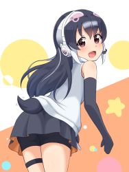 Rule 34 | 1girl, absurdres, african penguin (kemono friends), bare shoulders, bent over, bike shorts, black gloves, black hair, black shorts, black skirt, commentary request, cowboy shot, elbow gloves, gloves, headphones, highres, hood, hoodie, kemono friends, kemono friends v project, long hair, looking at viewer, looking back, microphone, multicolored hair, official alternate costume, open mouth, penguin girl, penguin tail, pink hair, pleated skirt, shiraha maru, shorts, simple background, skirt, sleeveless, smile, solo, tail, thigh strap, virtual youtuber, white hair, white hoodie
