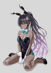 Rule 34 | 1girl, absurdres, animal ears, aqua bow, aqua bowtie, bare arms, bare shoulders, black footwear, black hair, black leotard, blue archive, bow, bowtie, breasts, chinese commentary, cleavage, closed mouth, collarbone, constricted pupils, dark-skinned female, dark skin, detached collar, dot nose, fake animal ears, fishnet legwear, fishnets, full body, gloves, high heels, high ponytail, highleg, highleg leotard, highres, karin (blue archive), karin (bunny) (blue archive), large breasts, leotard, long hair, looking at viewer, number tattoo, official alternate costume, pl03709193, playboy bunny, purple hair, shadow, side-tie leotard, simple background, sitting, solo, strapless, strapless leotard, tattoo, thighs, v-shaped eyebrows, wariza, white gloves, wrist cuffs, yellow eyes