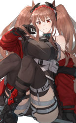 Rule 34 | 1girl, angelina (arknights), angelina (distinguished visitor) (arknights), arknights, black gloves, black thighhighs, boots, breasts, brown hair, gloves, hairband, highres, infection monitor (arknights), large breasts, long hair, official alternate costume, raitho, red eyes, simple background, sitting, smile, striped clothes, striped hairband, thigh strap, thighhighs, twintails, white background