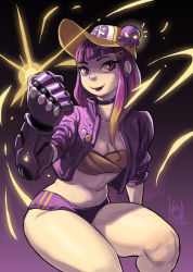 Rule 34 | 1girl, baseball cap, hat, jacket, karla diaz castro, midriff, multicolored hair, open clothes, open jacket, original, prosthesis, prosthetic arm, purple eyes, purple hair, short shorts, shorts, solo, strapless, toon (style), tube top, two-tone hair