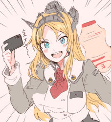 Rule 34 | 1girl, blonde hair, blue eyes, bottle, breasts, cellphone, emphasis lines, flower, headgear, itomugi-kun, kantai collection, large breasts, long hair, long sleeves, military, military uniform, nelson (kancolle), open mouth, oversized object, phone, red flower, red rose, remodel (kantai collection), rose, solo, translation request, uniform, upper body, yakult