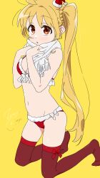 Rule 34 | 1girl, :o, absurdres, ahoge, artist name, bare shoulders, bikini, blonde hair, bocchi the rock!, breasts, choppy bangs, christmas, commentary, detached ahoge, fur-trimmed bikini, fur trim, hat, highres, ijichi nijika, kneeling, long hair, looking at viewer, mini hat, open mouth, red bikini, red eyes, red hat, red thighhighs, santa bikini, santa hat, scarf, side ponytail, signature, simple background, small breasts, solo, swimsuit, thighhighs, very long hair, white scarf, yellow background, zetsuyo chimayo