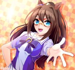 Rule 34 | 1girl, animal ears, artist name, blouse, blue eyes, blue ribbon, blue vest, breasts, brown hair, checkered background, commentary request, drop shadow, el condor pasa (umamusume), gradient background, hair between eyes, hand on own hip, horse ears, horseshoe ornament, leaning to the side, long hair, looking at viewer, mask, medium breasts, open mouth, orange background, outstretched hand, ponytail, puffy short sleeves, puffy sleeves, purple shirt, ribbon, school uniform, shirt, short sleeves, solo, sparkle, standing, teeth, torinosukei, tracen school uniform, umamusume, upper body, upper teeth only, very long hair, vest, white shirt