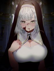 Rule 34 | 1girl, black veil, blood, blood from mouth, blood on face, blurry, blurry background, blush, breasts, church, cleavage cutout, clothing cutout, green eyes, grey hair, habit, hand on own chest, heart, heart-shaped pupils, highres, hololive, indoors, large breasts, looking at viewer, medium hair, nun, pekorinko0810, shirogane noel, solo, symbol-shaped pupils, upper body, veil, virtual youtuber, yandere