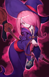 Rule 34 | 10s, 1girl, bottle, broom, dress, hair over one eye, hat, light purple hair, little witch academia, long dress, long hair, pink hair, red eyes, sharp teeth, smile, solo, sucy manbavaran, teeth, witch, witch hat, wtcolor