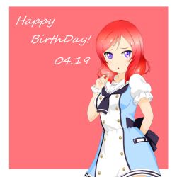 Rule 34 | 10s, 1girl, artist request, ascot, beret, blue ribbon, blush, commentary request, dated, female focus, frilled skirt, frills, happy birthday, hat, heart, kneehighs, love live!, love live! school idol festival, love live! school idol project, neck ribbon, nishikino maki, no panties, playing with hair, purple eyes, purple neckwear, red hair, ribbon, shirt, short hair, short sleeves, skirt, smile, socks, solo, thighs, treble clef, twintails, white background, white shirt, white skirt