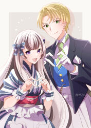Rule 34 | 1boy, 1girl, :d, alfred (fire emblem), alternate costume, blonde hair, closed mouth, commentary, dress, fire emblem, fire emblem engage, gloves, green eyes, hair ribbon, heart, heart hands, highres, long hair, long sleeves, multicolored hair, necktie, nintendo, official alternate costume, open mouth, purple eyes, ribbon, short hair, smile, two-tone hair, very long hair, veyle (fire emblem), white gloves, yutohiroya