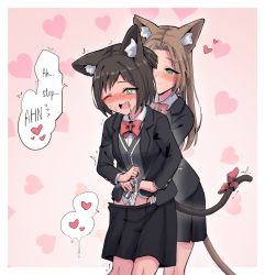 Rule 34 | 2girls, :3, animal ear fluff, animal ears, black jacket, black skirt, blue panties, border, bow, bowtie, breasts, brown hair, buttons, cat ears, cat girl, cat tail, clenched hand, closed mouth, collared shirt, drooling, english text, female focus, fingering, flying sweatdrops, green eyes, grey vest, hair intakes, half-closed eyes, hand under clothes, heart, heart background, highres, holding another&#039;s wrist, hug, hug from behind, jacket, long hair, long sleeves, looking at another, looking down, miniskirt, motion lines, multiple girls, one eye closed, one side up, open clothes, open jacket, open mouth, original, outline, outside border, panties, pink background, pleated skirt, polly (rune (dualhart)), red bow, red neckwear, rune (dualhart), saliva, school uniform, shirt, short hair, sidelocks, skirt, small breasts, speech bubble, spoken flying sweatdrops, spoken heart, standing, striped clothes, striped panties, suri (rune (dualhart)), sweat, tail, tail bow, tail ornament, talking, tears, trembling, underwear, vest, white border, white outline, white shirt, wince, yuri